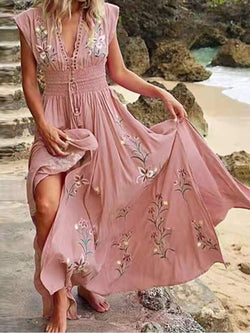 V Neck French Beach Boho Print Dress