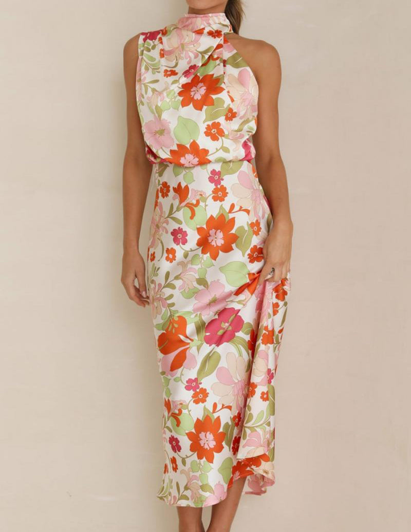 Floral Halter Neck Elastic Waist Maxi Dress