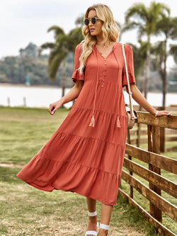 Women's Orange Short Sleeve V-Neck Ruffled Dress